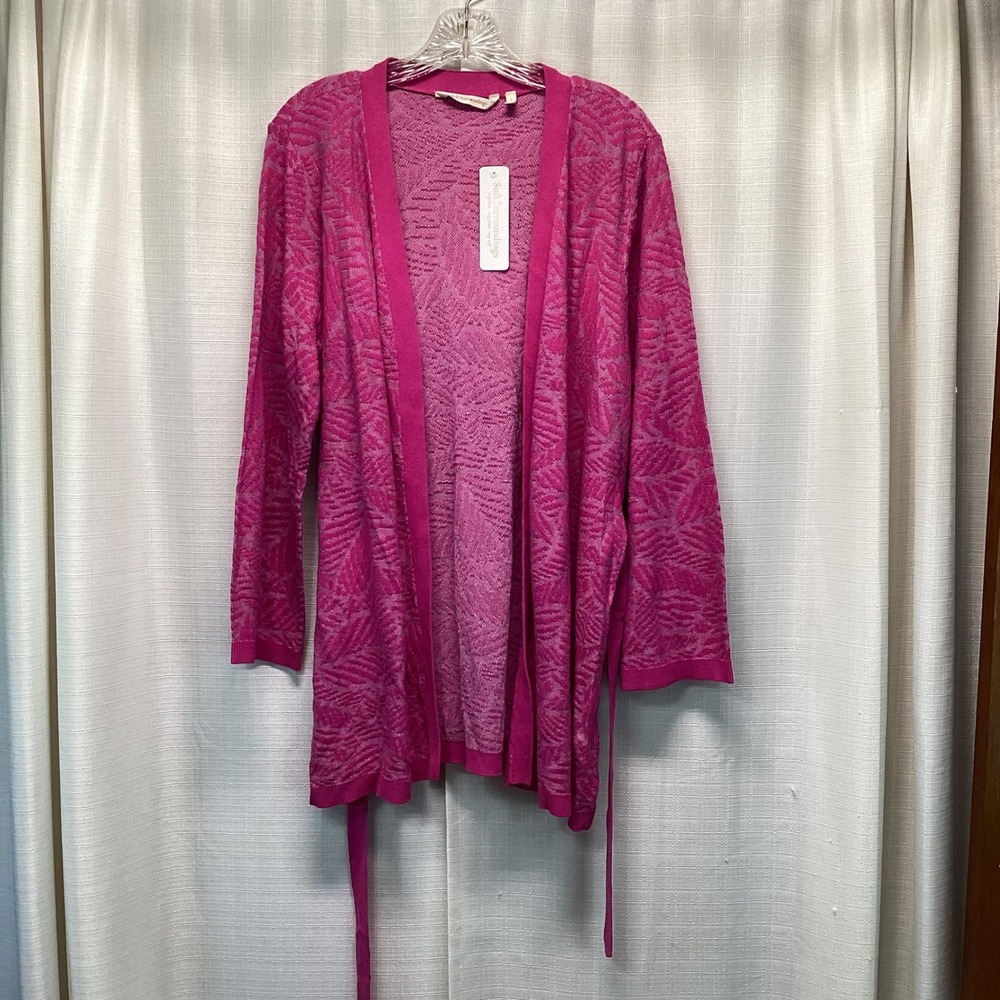 Soft Surroundings Kinsley Cardigan Purple Palms Pink Tropical Leaf Tie Belt L